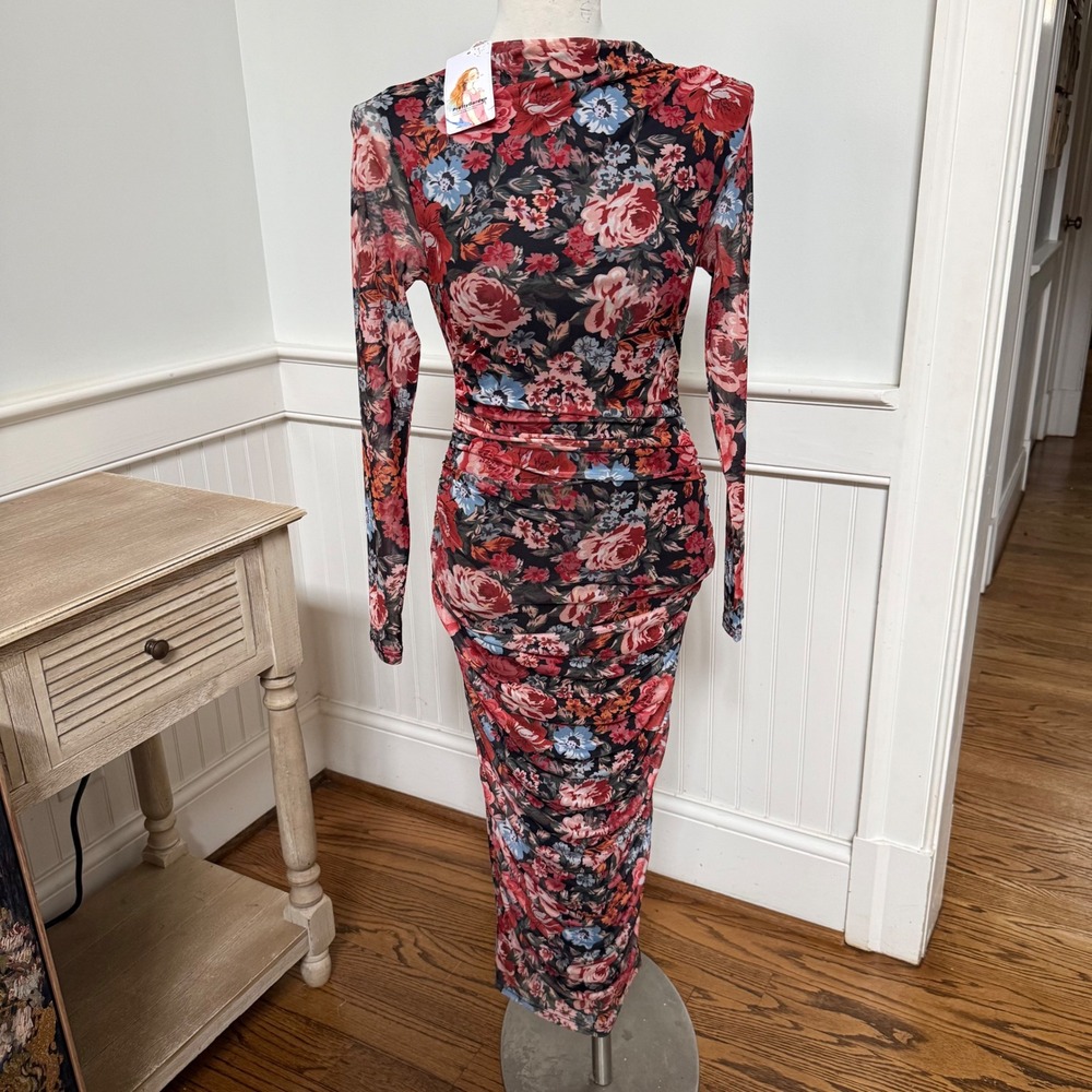 NWT PrettyGarden Women's Sheer Mesh Ruched Floral Print Long Sleeve Bodycon Midi
